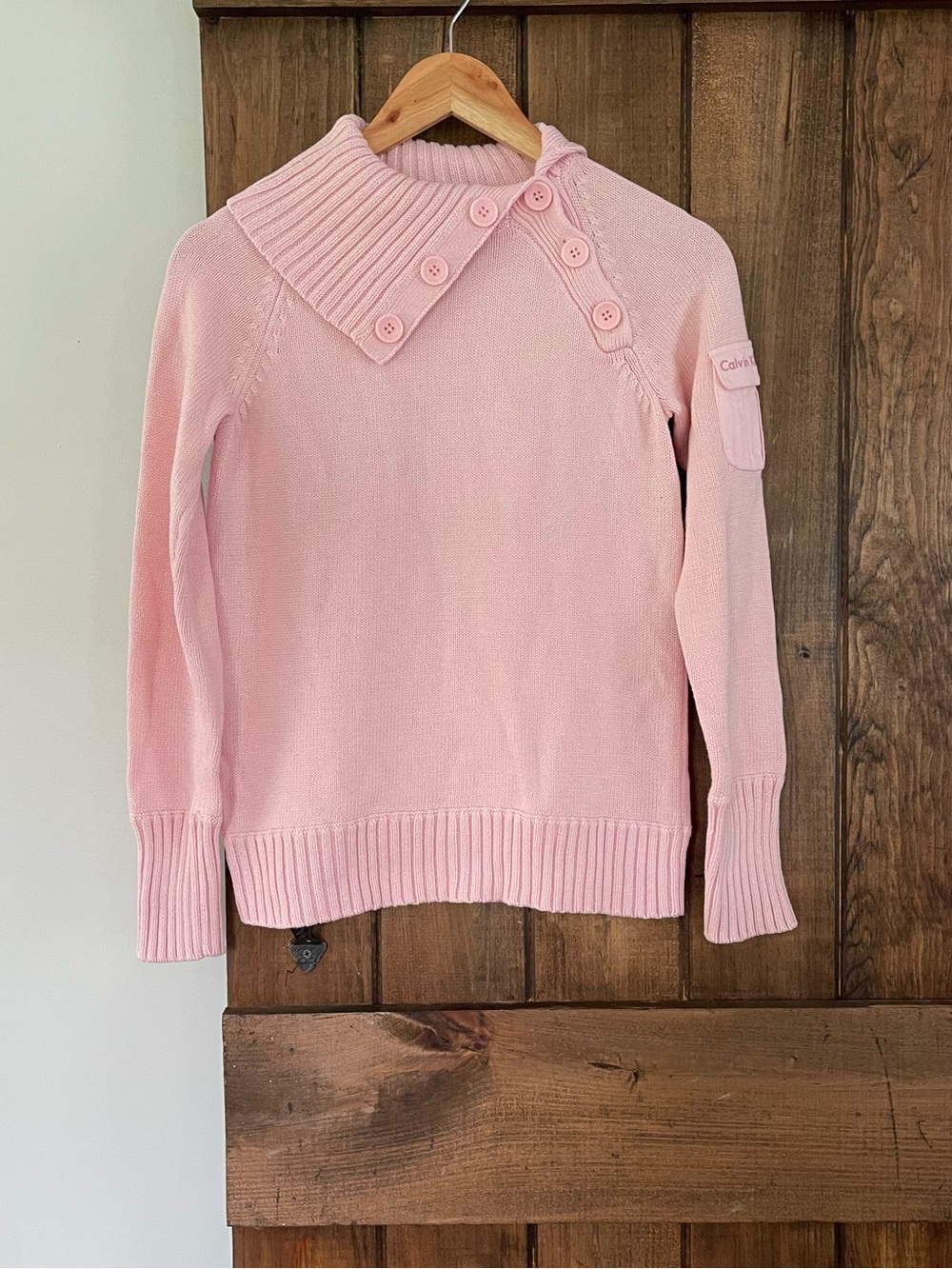 Calvin Klein Pink Roll Rib Fold Neck Mini Cargo Pocket Sweater Small